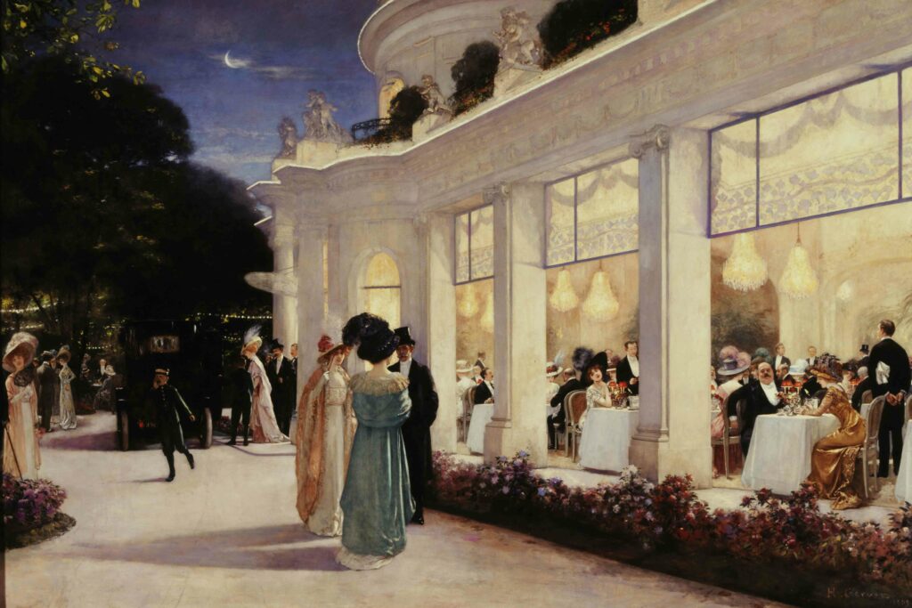 Henri Gervex (1852-1929). “Une soirée au Pré-Catelan”. Huile sur toile, 1909. (A l’extérieur, Anna Gould et Hélie de Talleyrand-Perigord. A l’intérieur, 1ère baie, à droite : Marquis de Dion. Baie au centre : Liane de Pougy. Baie à gauche : Santos-Dumont). Paris, musée Carnavalet.